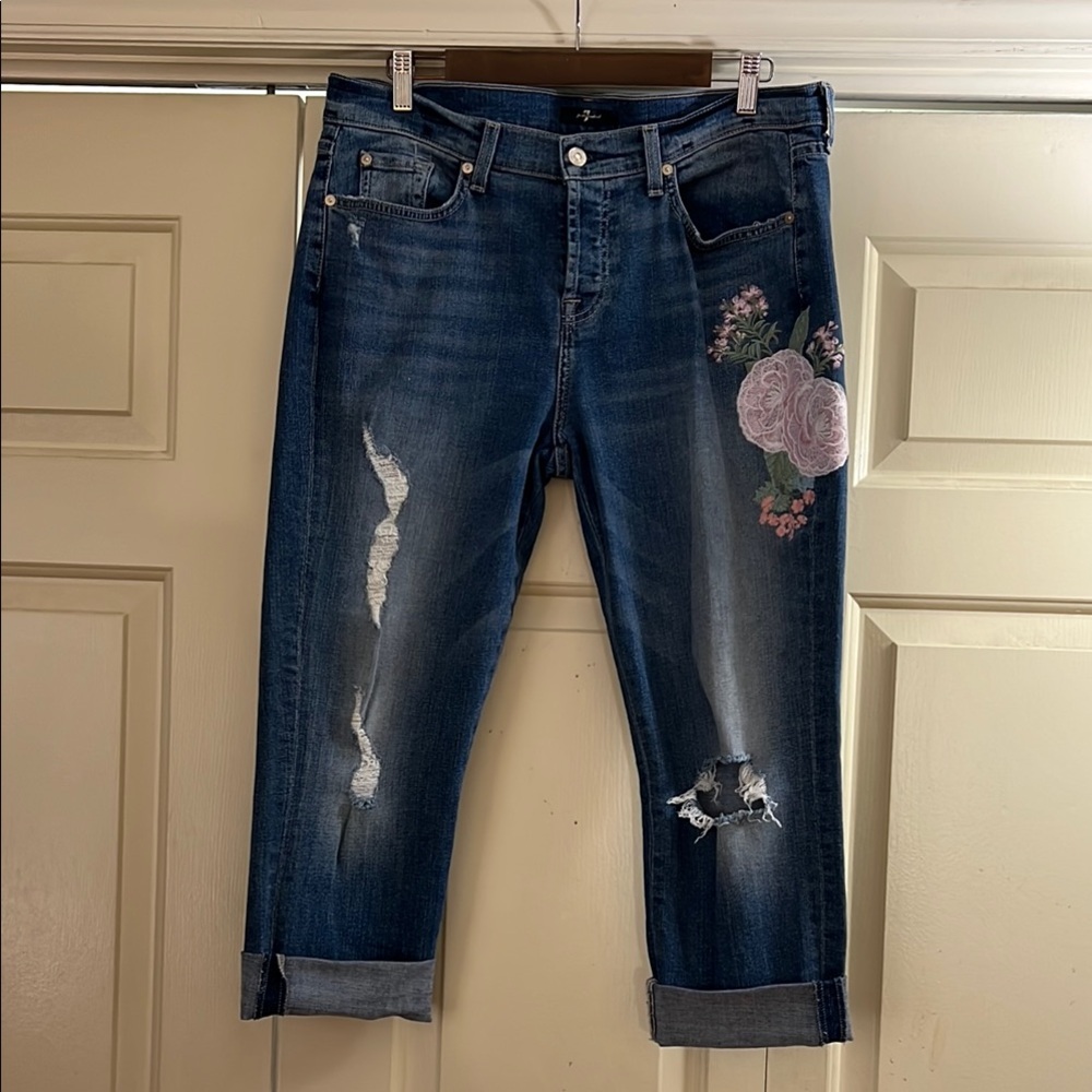 7 For All Mankind Med Wash DistressedBoyfriend Jeans with Pink Floral Embroidery